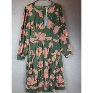 ModCloth Green Floral Pleated Midi Dress Long Sheer Sleeve Keyhole Size 10 NWT